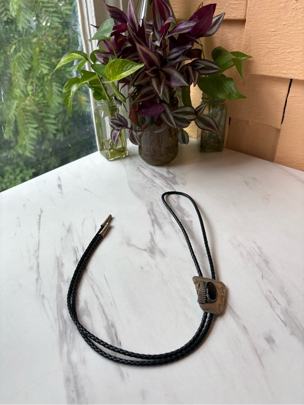 Braided Black Leather Bolo Tie with Metal Tips